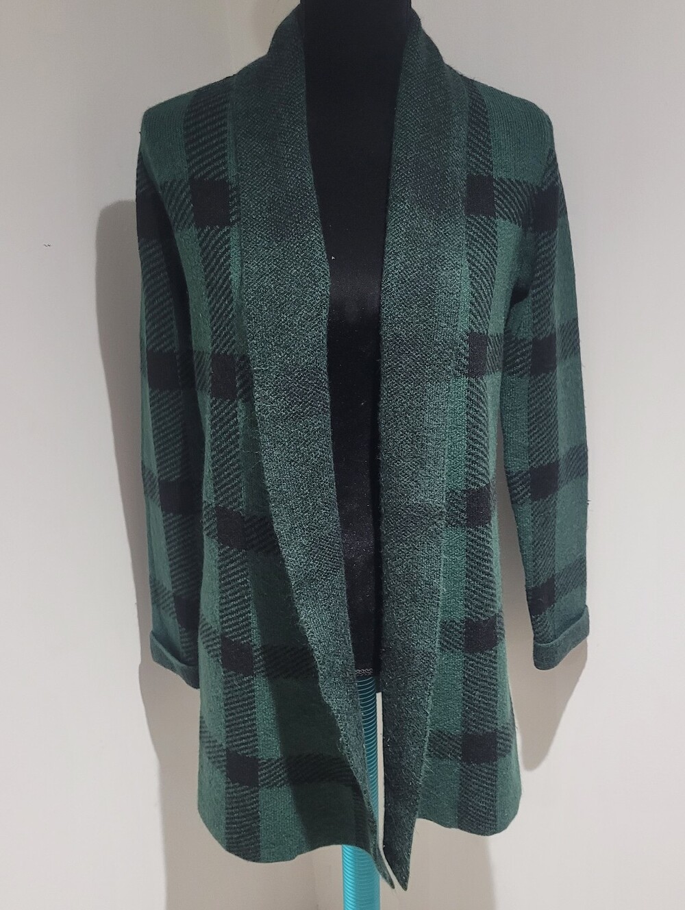 Camber & Grace Women's Open-Front Green & Black Plaid Sweater Cardigan XS Cozy
